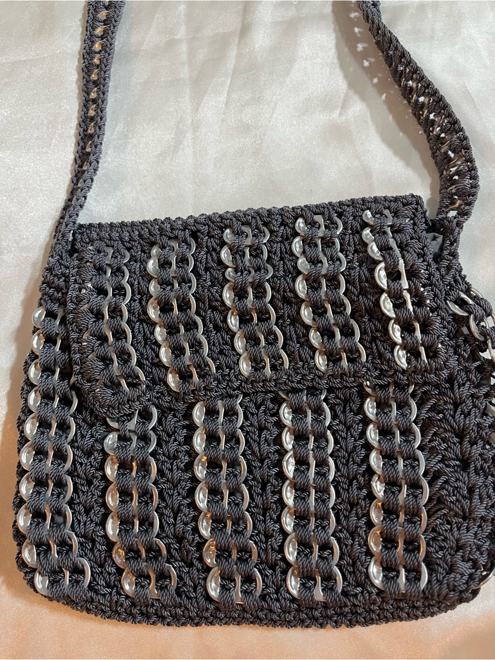 Handcrafted Black Crochet Shoulder Bag with Silver Accents